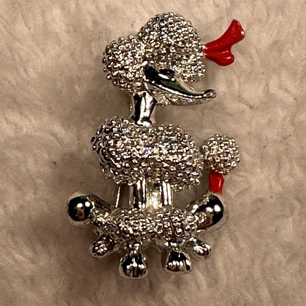 French Poodle Dog Pin Brooch Silver-tone Red Bow Vintage - Picture 1 of 6